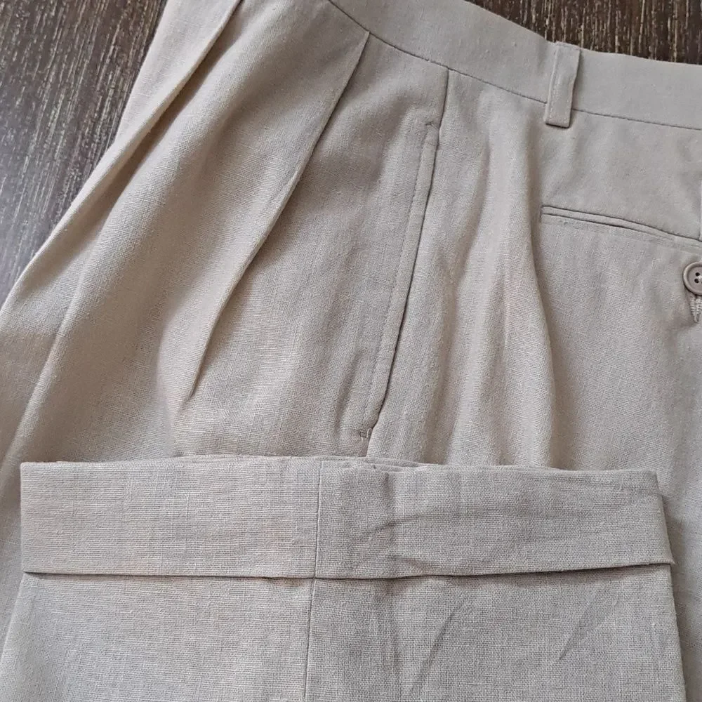 Britches by Samtex Men's Linen Blend Cream Pants 34x32 Front Pleats Cuffed Hem